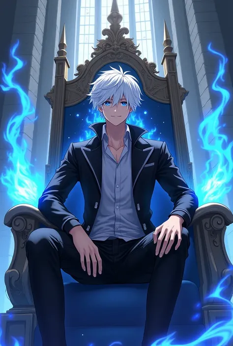 I need a profile picture for my WhatsApp of a 20-year-old boy with white hair, blue eyes, smiling, black jacket and blue fire around it, All anime style, Let the image be epic, that he is sitting on a throne in the middle of a castle