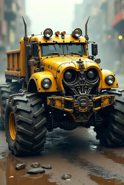 Monster Big Wheel Pickup Truck，Monster Big Wheel Pickup Truck身上装饰有的机械零件,Transformers Bumblebee Style，The windshield has the face of Transformers Bumblebee，Huge mechanical eyes and mechanical eye sockets，No front windshield，Vehicle form，45 degrees from abov...