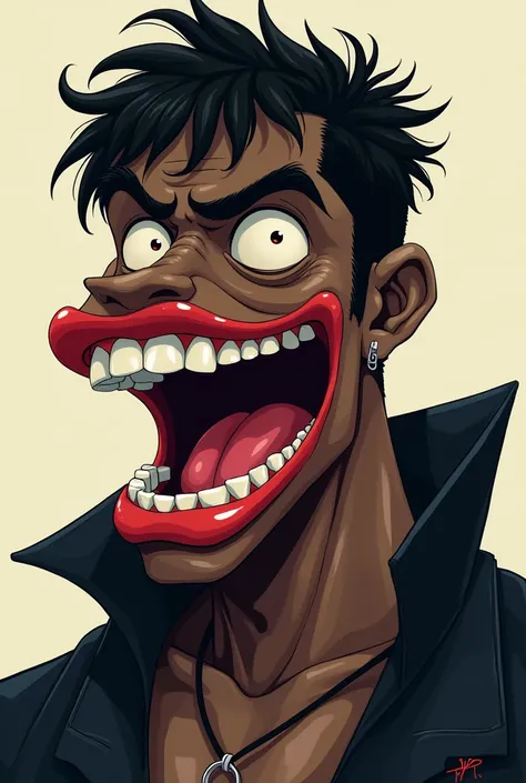 I would like to create a man, anime version that is black, with a huge mouth instead of a face, that is using a toothpick, and still remains sexy