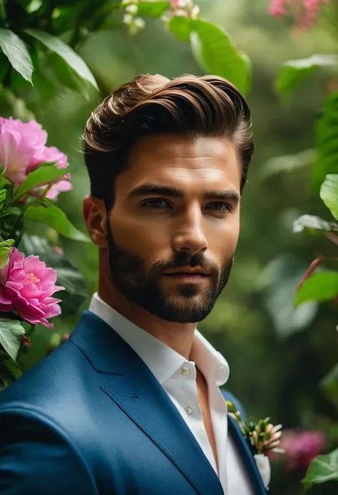 (photorealistic:1.4, 8k, dslr, nikon d850, RAW, masterpiece:1.2, best quality) a photorealistic image featuring a handsome male model embodying the luxurious and earthy qualities of Taurus. Set against a backdrop of lush greenery and blooming flowers, the ...