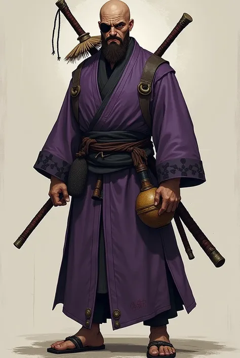 A completely bald ronin with brown skin, eye patch, goatee, a malevolent countenance, a Chinese straw hat on the back, a katana on the back, purple kimono with black details and a gourd at the waist