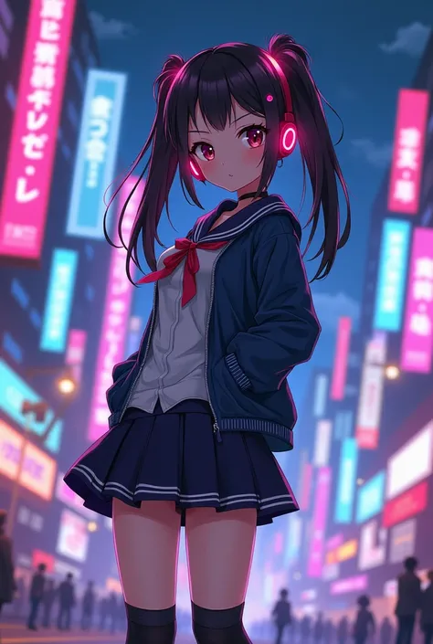 JK, twin tails, miniskirt, headphones, anime, neon city, tsundere, uniform, slanted eyes, knee-high