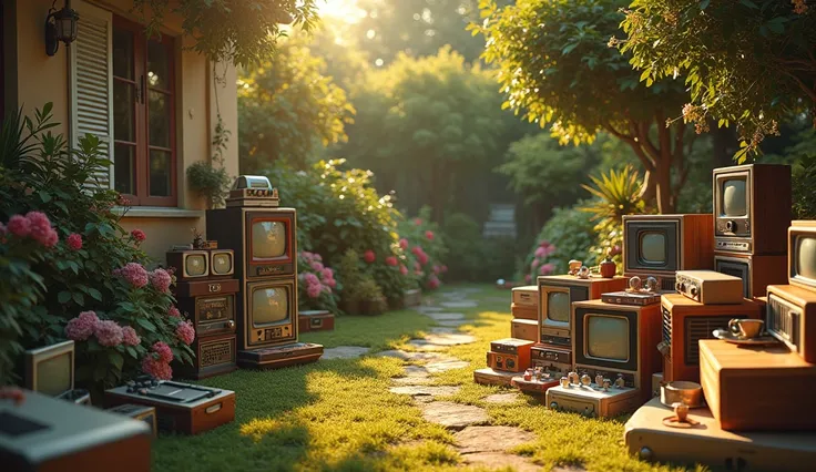 a garden and a frontyard full of vintage entertainment toys, 1970s retro vintage scene, highly detailed, photorealistic, 8k, intricate details, hyperrealistic, muted colors, golden hour lighting, cinematic, warm tones, soft focus, nostalgic, analog film gr...