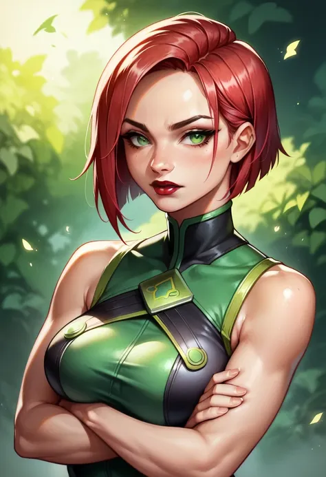 (high-level image quality), (high quality), (high resolution), (detailed), (masterpiece), beautiful young woman, ((caucasian)), green eyes, red hair, short hair, dark red lipstick, style viper from valorant, crossed arms