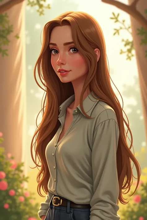 40-year-old lady with straight hair reaching to her waist and a light brown color, quite tall and thin, with a long sleeved shirt ANIMATED