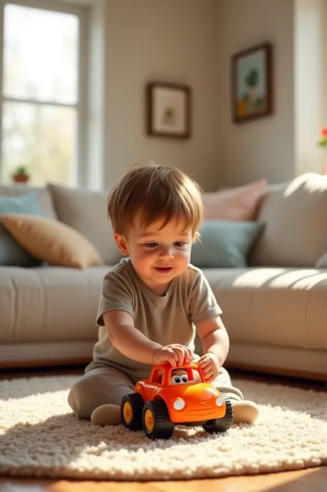 Toddler boy playing with toy car backwards in the living room