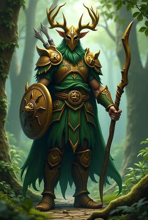 Create a human male druid who has as weapons a dagger, a wooden shield, a wooden axe, a bow and a magic staff with the power of nature who has emerald green wooden armor and a golden helmet also made of wood that covers his face without any metal.