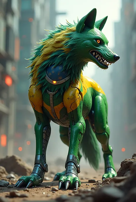 cyborg manned wolf personalized with the colors of the Brazilian flag