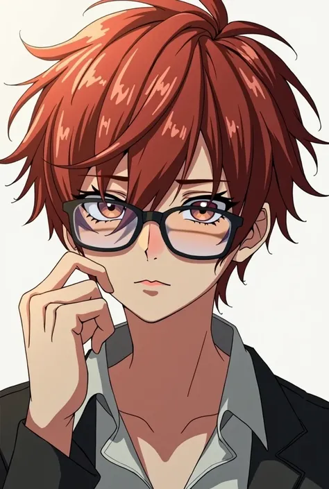 A handsome boy, with disheveled reddish hair, glasses and serious look in anime