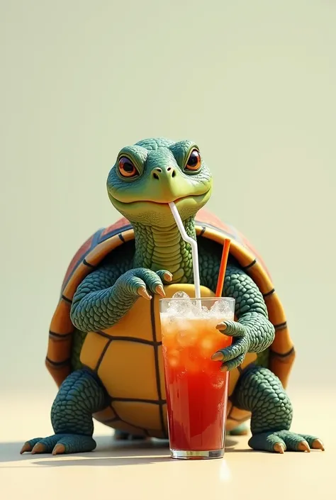 A turtle drinking soda with a straw