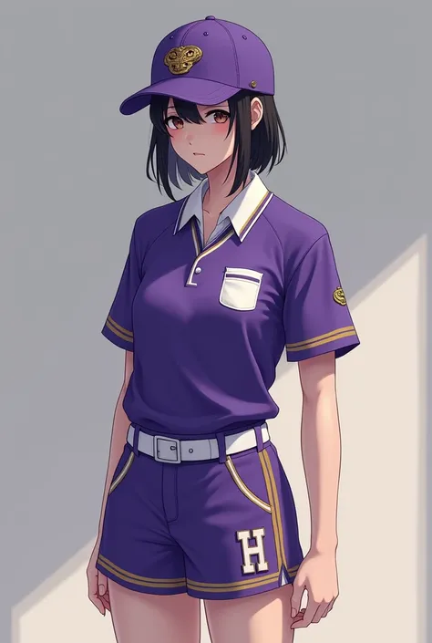 Genderless Golf Uniform( Purple with white and gold stripes a blouse with a white pocket on the left side)( cap a snake like design on the head of the cap the cap button and cap seal Gold the cap brim purple Purple cap)( completely purple shorts with h on ...