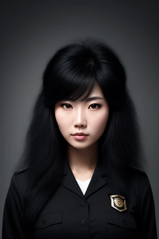 jet black hair,midium hair,most very lion-like hair,very wolf-like hair,most very frizzy hair,coarse hair,spread hairstyle,thick hair,fluffy hair,most very heavy weight hair,most very voluminous hair,shiny jet black hair,female jail officer,black uniform,a...