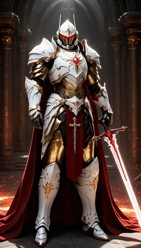 Masterpieces, male, Holy white paladin, (white armor), Action style shot, in a vampire castle, dark souls and elden ring style red. (no undercloth), holding a sword in one hand and a sword in the other, Glowing red colored Christian Cross on breastplate, (...