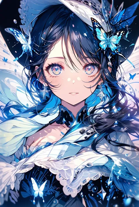 One girl, High-resolution model, water droplets，water droplets，Starlight，Sailor suit，Blue Rose，Stars in my eyes，Illustration effect for posters and magazines, Red eyes，Earrings，Cowboy Shot, Red lipstick，Black Hair，butterfly，