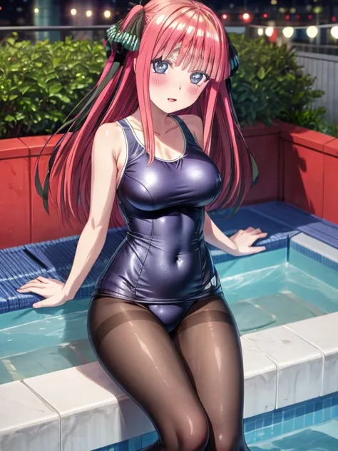 best quality, insanely detailed, nino nakano, breasts, blush, looking at viewer, cheerful eyes, arousal, one-piece swimsuit, pantyhose, roof top background, poolside background, Lovely pose