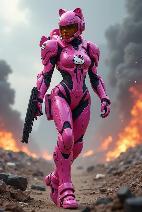 Action woman with bright pink Hello Kitty battle suit on the battlefield 