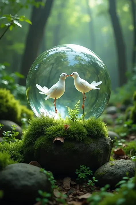 a glass ball with two birds inside of it in a forest filled with green plants and mossy rocks, Beeple, magic realism, foto realistic, a microscopic photo