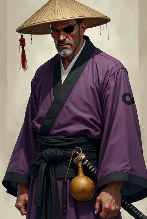 A completely bald ronin with brown skin, eye patch, goatee, a malevolent countenance, a Chinese straw hat on the back, a katana on the waist, purple kimono with black details and a gourd at the waist