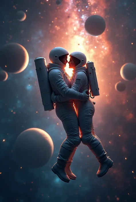 astronaut couple in space and planets in the background, make a galaxy and a nebula too 