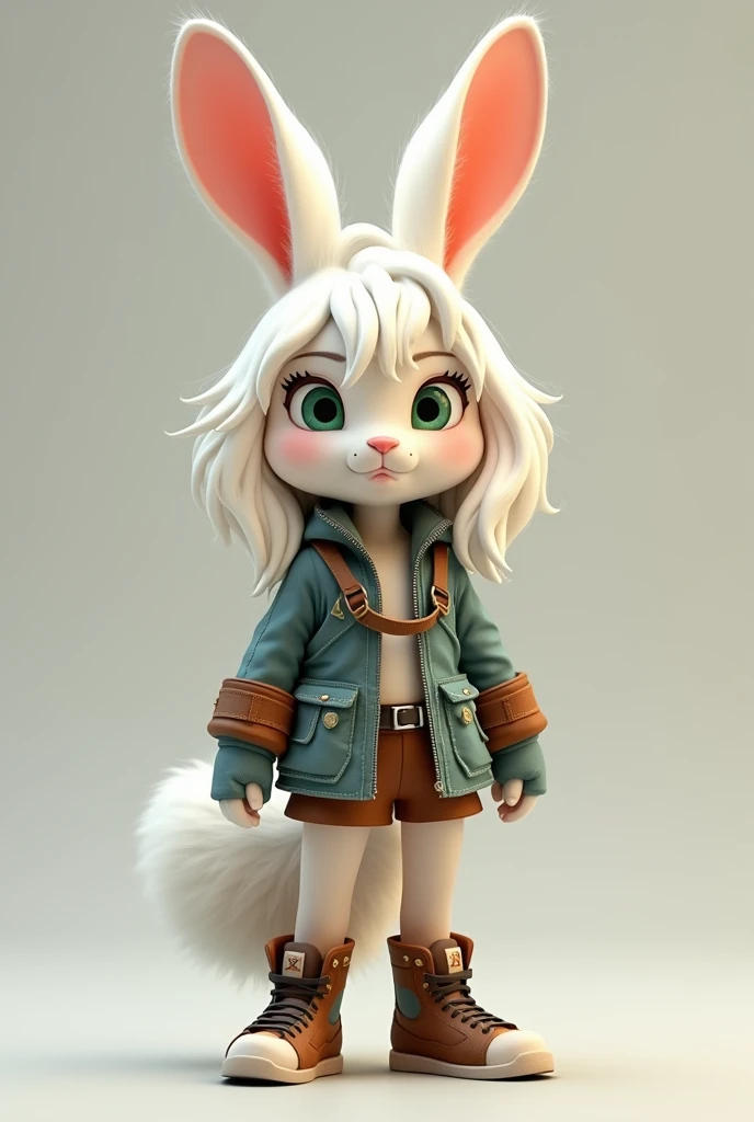 Female humanoid bunny with above average physique, wearing an adventurer outfit, light green eyes, snow white shoulder length hair and a bushy white tail, smiling shyly