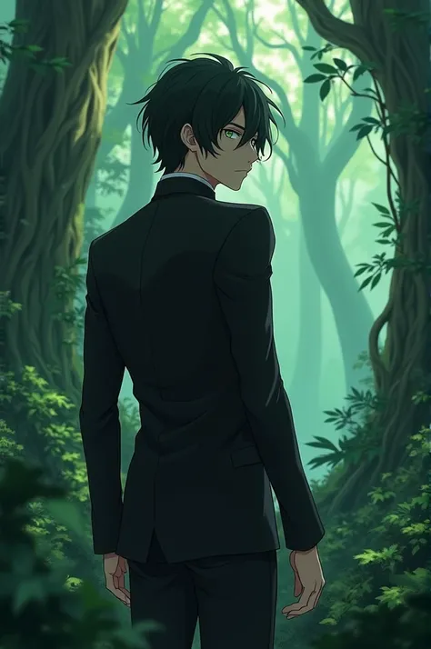 Green eye anime men lost in big a forest, green eyes,black hair, black outfit, anime men