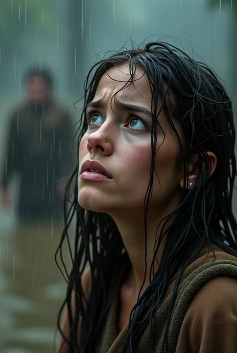 a terrified human face, a young woman with wet hair clinging to her face, looking upwards in despair. Her expression captures shock and fear, with raindrops visible on her skin. The background is blurred, hinting at rising floodwaters, emphasizing the sens...