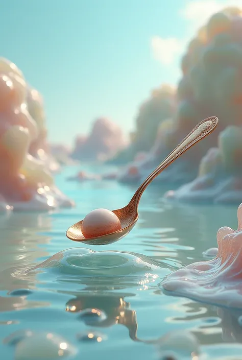 (realistic photo) Make a spoon and pastry bag in a world on top of a glass made of gelatin