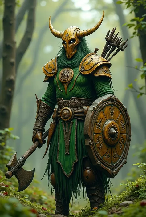 Create a human male druid who has weapons such as a dagger, a shield, an axe and a bow and with the power of nature who has an emerald green wooden armor and a golden helmet also made of wood that covers his face without any metal and without a beard. 