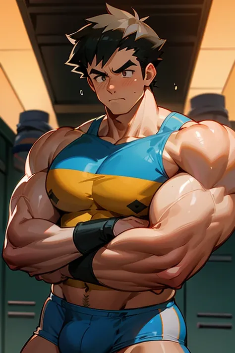 Ash Ketchum from Pokémon anime as a big dumb teenage muscular bodybuilder jock in a locker room flexing and staring blankly with mouth gaping open as his eyes glow under hypnosis as he repeats, "Big ... dumb ... big ... dumb... All I become, just big and d...