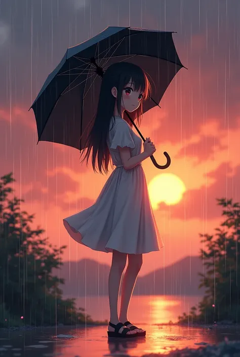 An anime girl who is in the rain at sunset with an umbrella who is on her back wearing a white dress and black sandals 