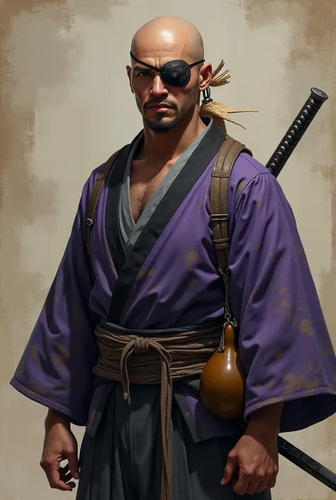 A young ronin, completely bald with brown skin, eye patch, goatee, a Chinese straw hat on the back, a katana on the waist, purple kimono with black details and a gourd at the waist