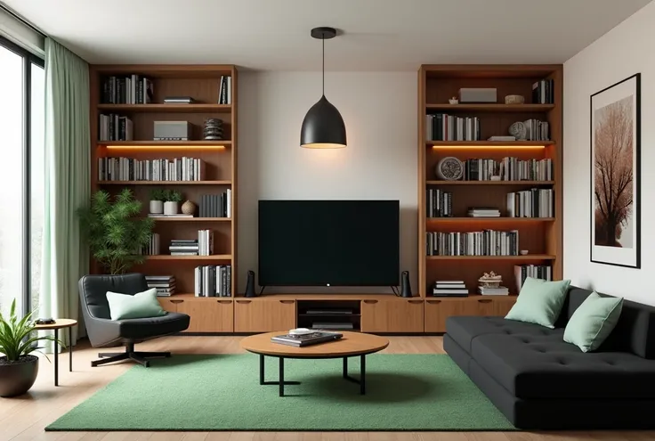 a living room with a black sofa, a bookshelf with CDs and books, a large TV at the center of the bookshelf, a video game console under the TV, a ceiling lamp illuminating the room, a green rug on the floor, white walls