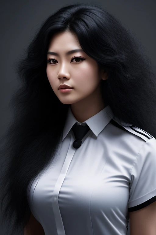 jet black hair,midium long hair,lion-like hair,most very wolf-like hair,most very frizzy hair,coarse hair,spread hairstyle,thick hair,fluffy hair,most very heavy weight hair,most very voluminous hair,shiny jet black hair,female jail officer,black uniform,a...