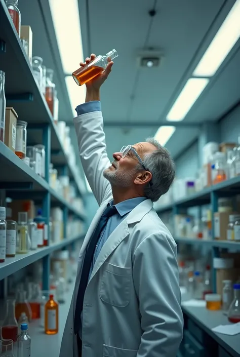 chemist picking up a bottle that is too high on the shelf without a ladder
