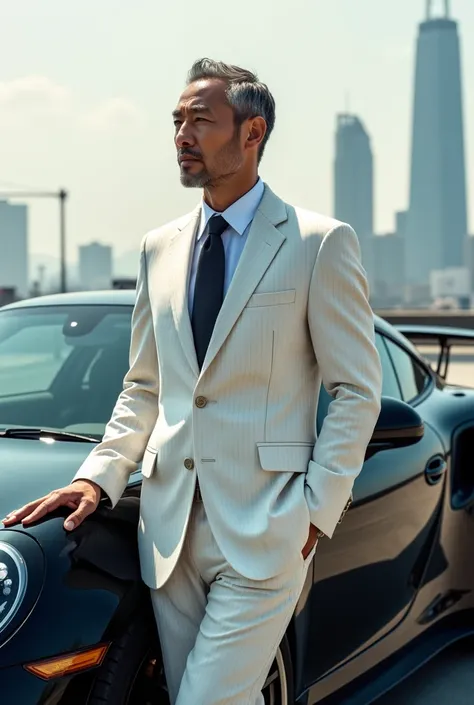 A handsome middle-aged Japanese man wearing a white striped suit stands leaning on the front of a black Porsche.