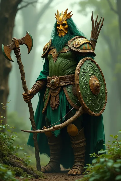 Create a human male druid who has weapons such as a dagger, a shield, an axe and a bow and with the power of nature who has an emerald green wooden armor and a golden helmet also made of wood that covers his face without any metal and without a beard. 