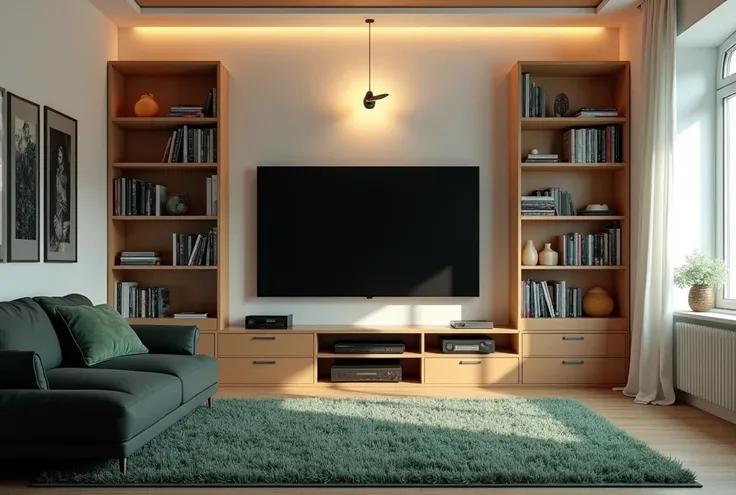 a living room with a black sofa, a bookshelf with cds and books, a large tv at the center of the bookshelf, a video game console under the tv, a ceiling lamp illuminating the room, a green rug on the floor, white walls, detailed interior, high quality, pho...