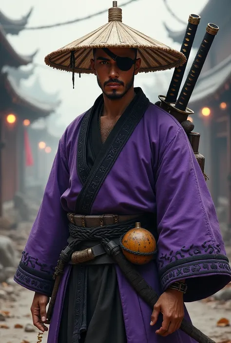 A young ronin, completely bald with brown skin, eye patch, goatee, with a Chinese straw hat and a katana on his back and another katana on his waist at his waist, purple kimono with black details and a gourd at the waist