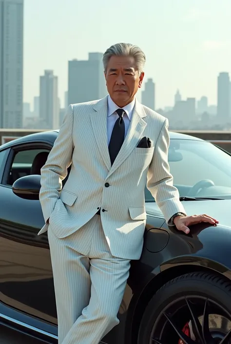 A handsome middle-aged Japanese man wearing a white striped suit stands leaning on the front of a black Porsche.