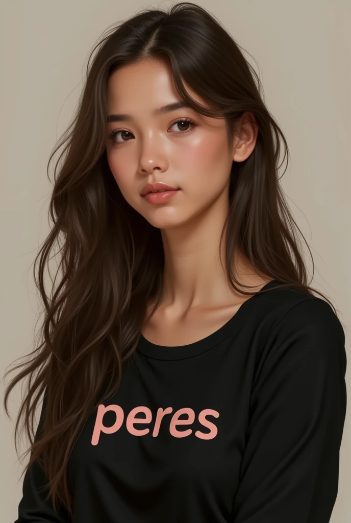  straight brown hair light skin loose hair and black blouse with Peres written on the print with a rounder face long hair