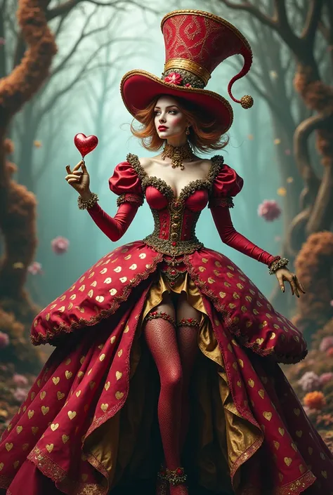 Person with characteristics of the queen of hearts and the mad hatter 
