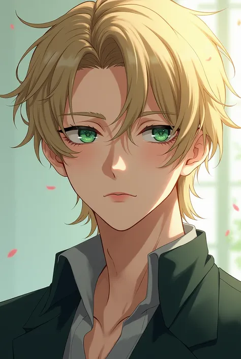 A man with blonde hair, green eyes, a handsome face, anime