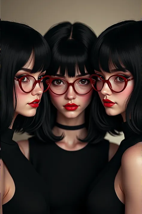 Create a 3 woman black hair to the shoulder black eyes round red glasses short, pouting 