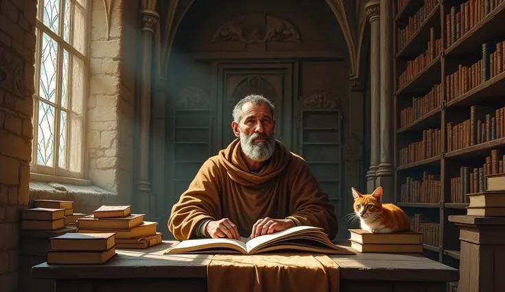 Give me Saint Francis of Assisi in a temple of his time sitting at a table full of books and a cat