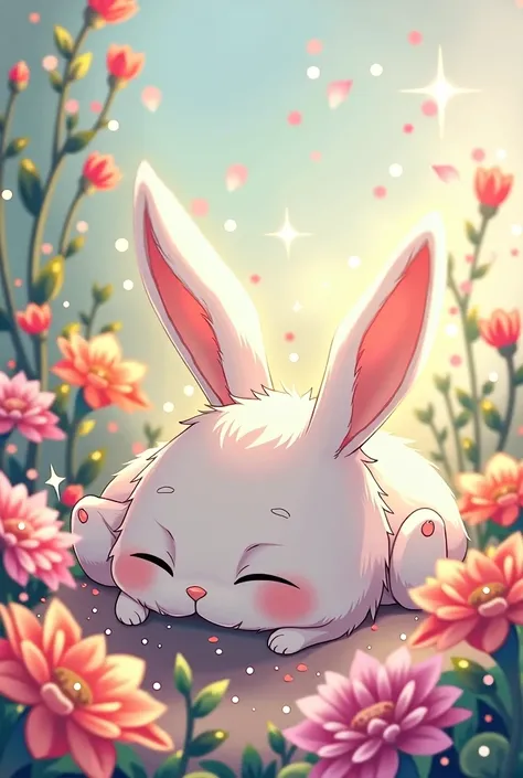 a cute sleepy rabbit with droopy ears, sparkling magical effects, anime style, flowers