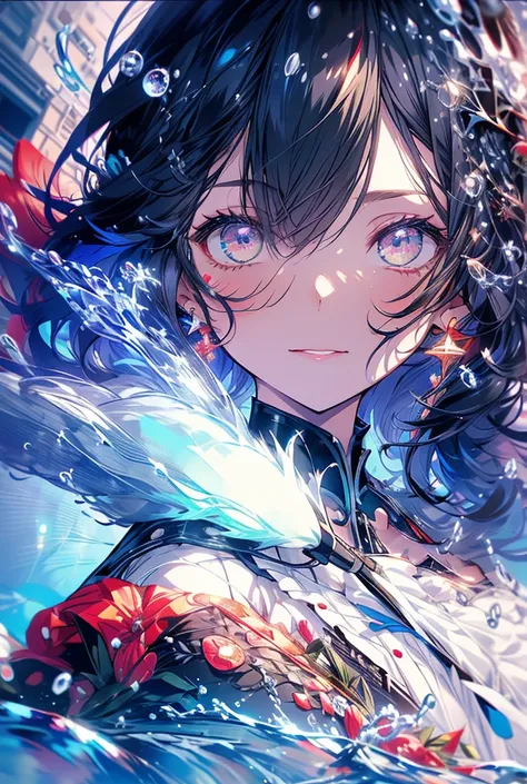 One girl, High-resolution model, water droplets，water droplets，Starlight，Sailor suit，Stars in my eyes，Illustration effect for posters and magazines, Red eyes，Earrings，Cowboy Shot, Red lipstick，Black Hair，Red Rose，