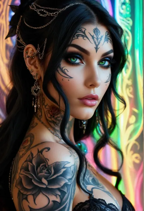 Create a hyper detailed photograph of a perfectly simetrical tattooed curved young sexy female deathknight, Stunningly perfect gorgeous feminine face, perfect makeup, detailed vibrant neon smoky eyes, very long hair, Gentle facial curves, Fuller cheek bone...