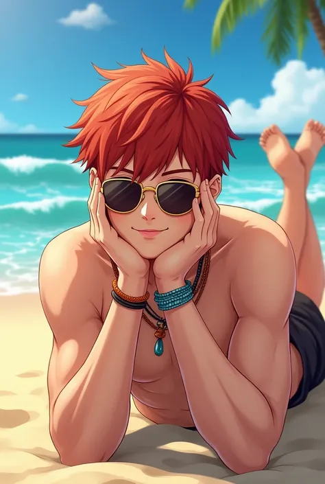 I want a teenager he is completely naked totally without clothes and is lying on the sand and looking at the camera smiling he has red hair he is wearing sunglasses he is wearing bracelets and a Brazilian necklace his head is on his hands he is on a beauti...