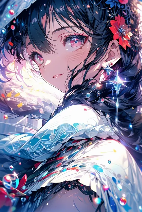 One girl, High-resolution model, water droplets，water droplets，Starlight，Sailor suit，Stars in my eyes，Illustration effect for posters and magazines, Red eyes，Earrings，Cowboy Shot, Red lipstick，Black Hair，Red Rose，