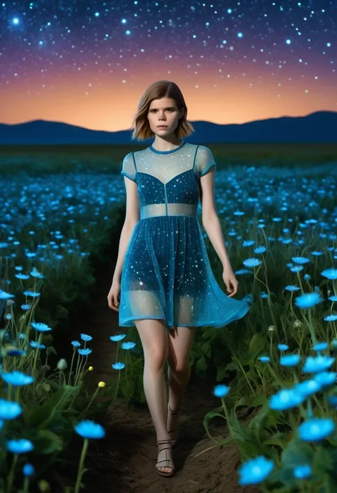 Kate Mara in a sheer summer dress (no underwear) exploring a field of alien flowers that are bioluminescent, strange stars hang in the sky, dreamy beauty, night
